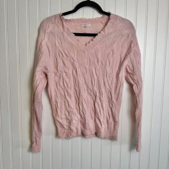 Minnie Rose 100% cashmere light pink distressed V-neck sweater fits medium K32 - Picture 1 of 6